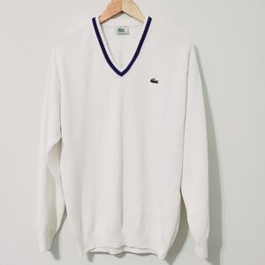 Lacoste Men's White V-Neck Cotton Sweater Medium